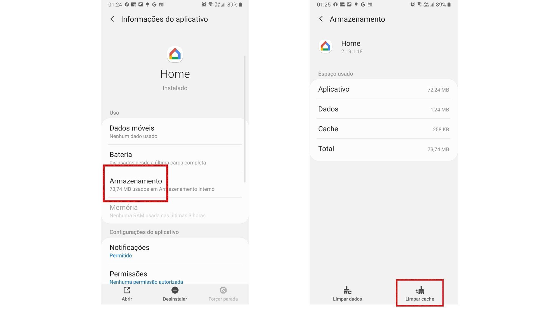 Um dos passos para fazer o chromecast conectar no wi-fi é limpar o cache do app Google Home. O processo foi feito em um Samsung Note 9. | Foto: Roberto Caligari/Zoom