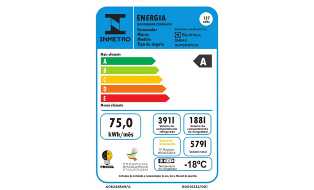 A etiqueta do INMETRO nos aparelhos auxilia a descobrir o selo de eficiência energética dos eletrodomésticos. (Imagem: Reprodução/Electrolux)