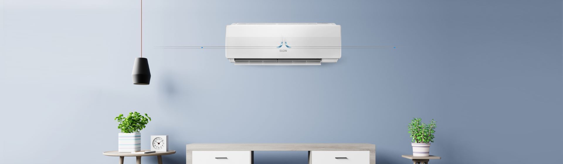 Ar-condicionado split branco instalado na parede azul de uma sala