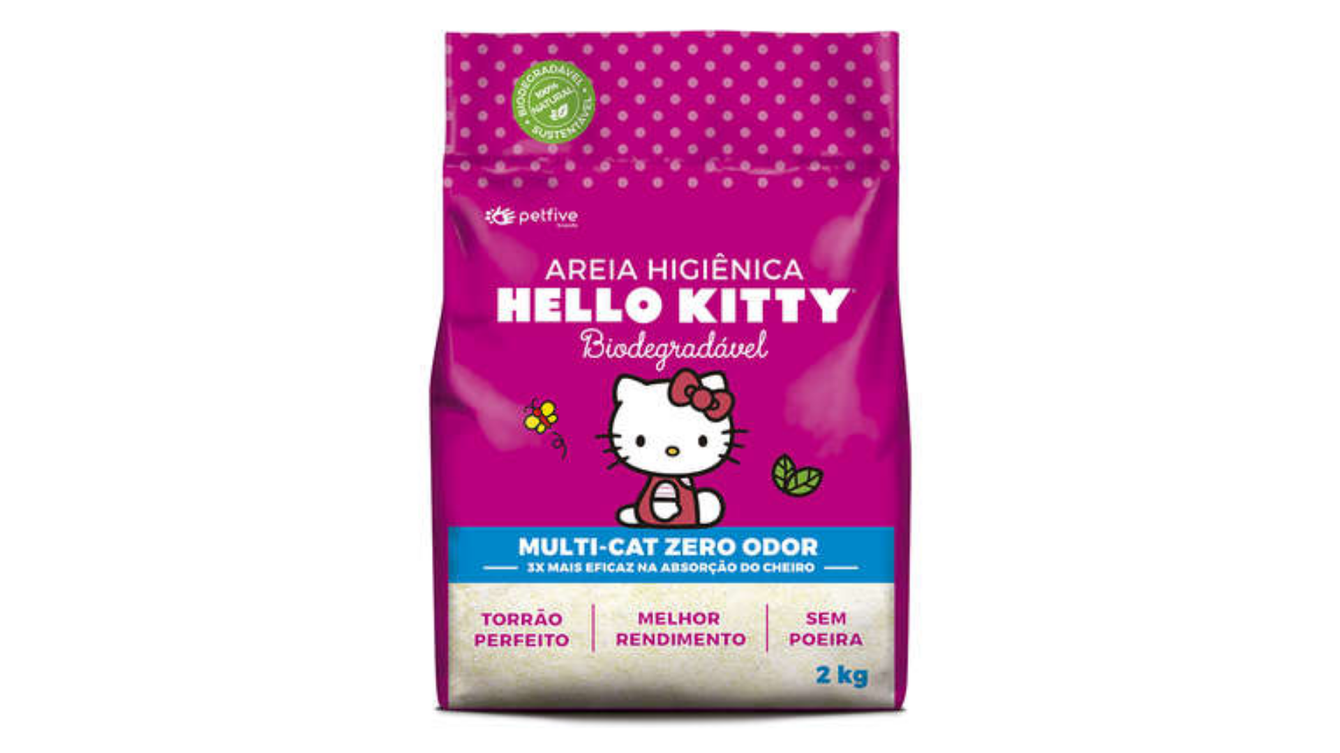 A areia para gato Hello Kitty Bio Rosa conta com um potente sistema de absorção de urina (Imagem: Divulgação/Pet Five)
