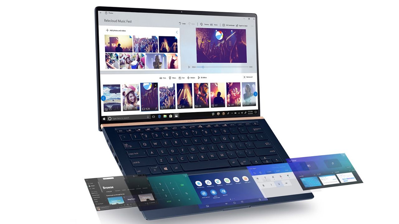 Notebook Zenbook 14 aberto e com telas na parte superior e inferior