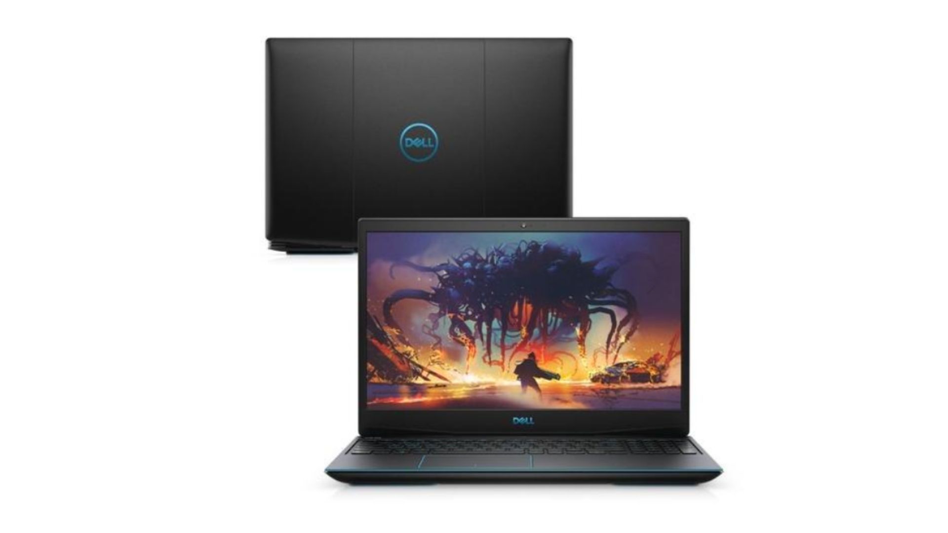 Dois notebooks Dell G3, um aparecendo com a parte frontal e outro com a tampa traseira