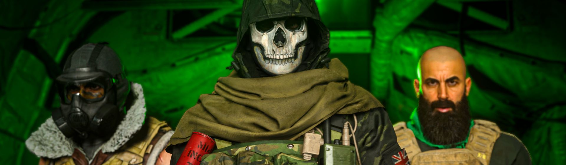 Ilustração de Call of Duty Warzone mostrando três soldados equipados dentro de avião cargueiro