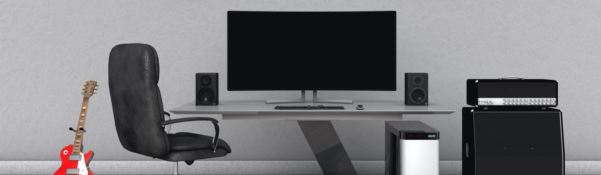 Mesa de escritório com computador de mesa e caixas de som ao centro e à direita e guitarra vermelha à esquerda