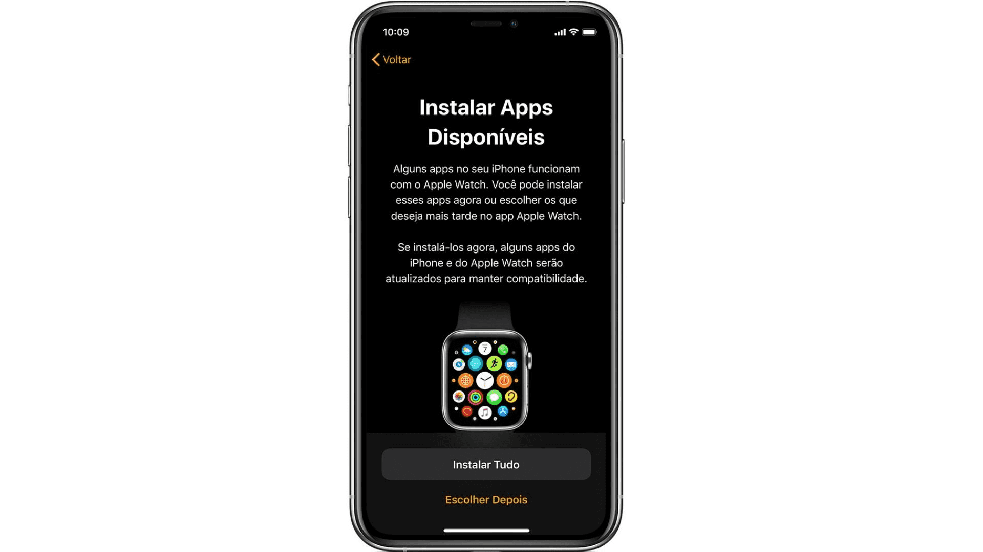 Tela de iPhone demonstrando como instalar app para smartwatch