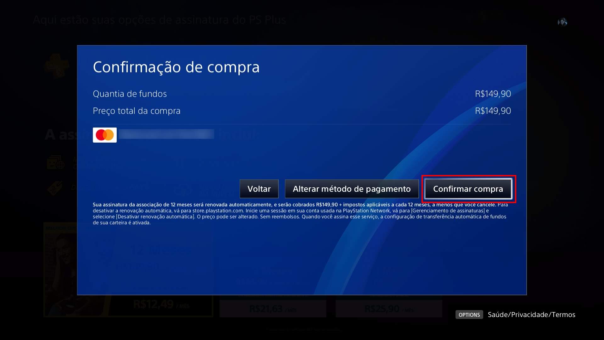 Confirme a compra da assinatura de sua PS Plus (Fonte: Reprodução/Thayna Cruz)