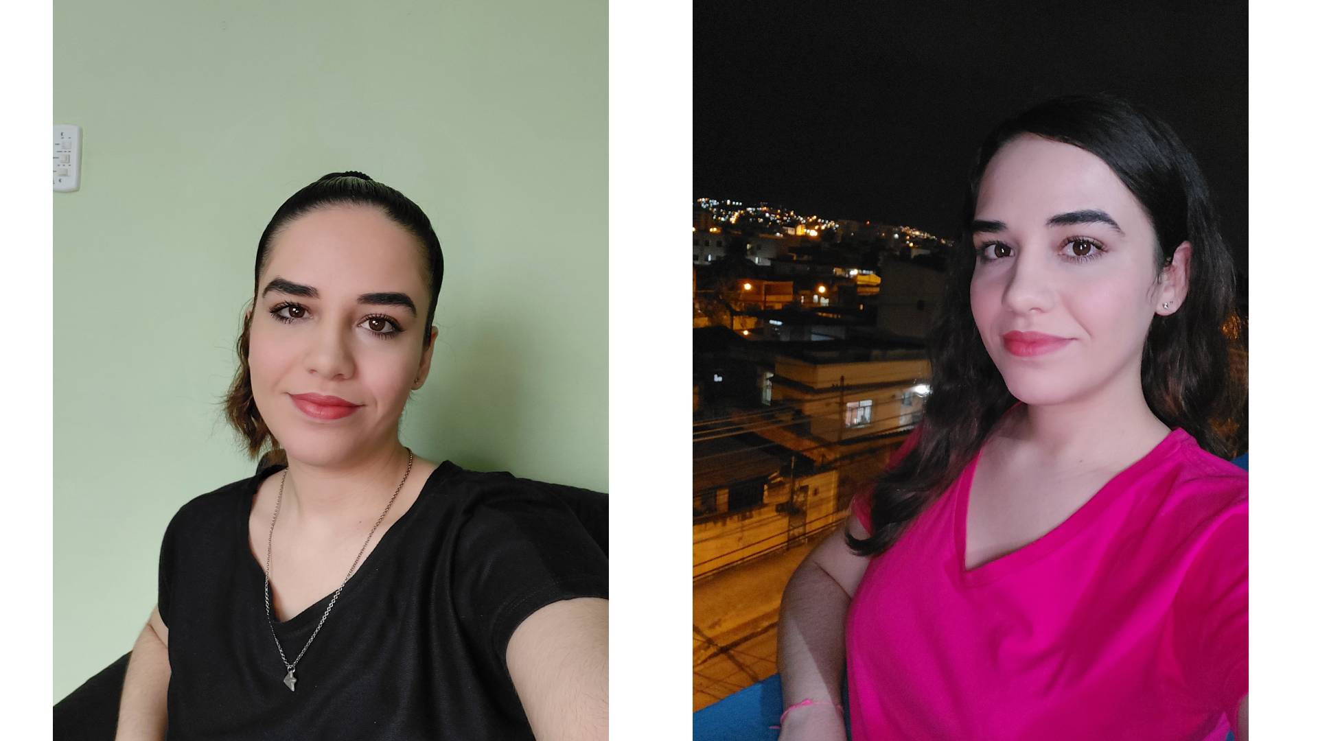 Comparativo de selfies diurna e noturna; mulher de camisa preta e cabelo preso na primeira e camisa rosa e cabelo solto na segunda
