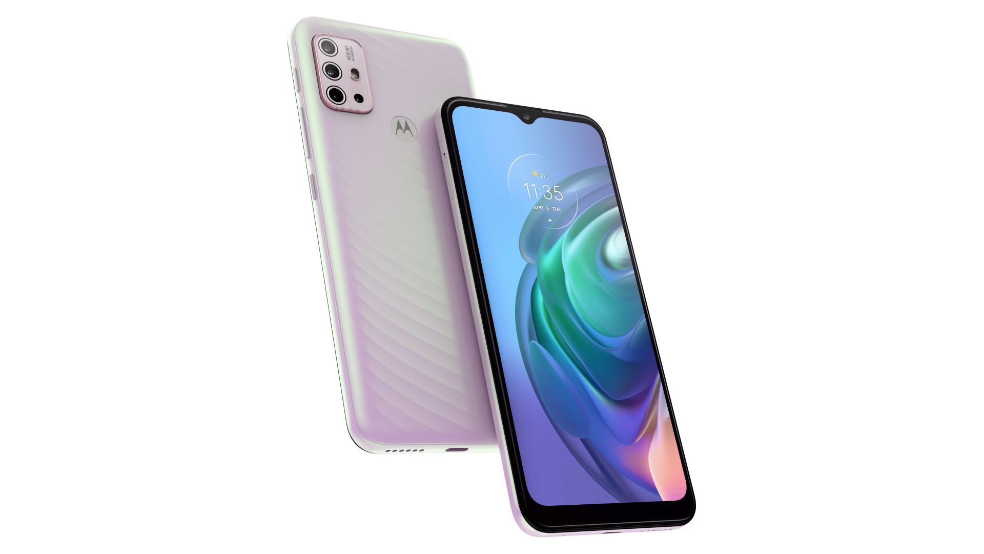 Dois aparelhos Moto G10, um modelo de celular Motorola, em um fundo branco