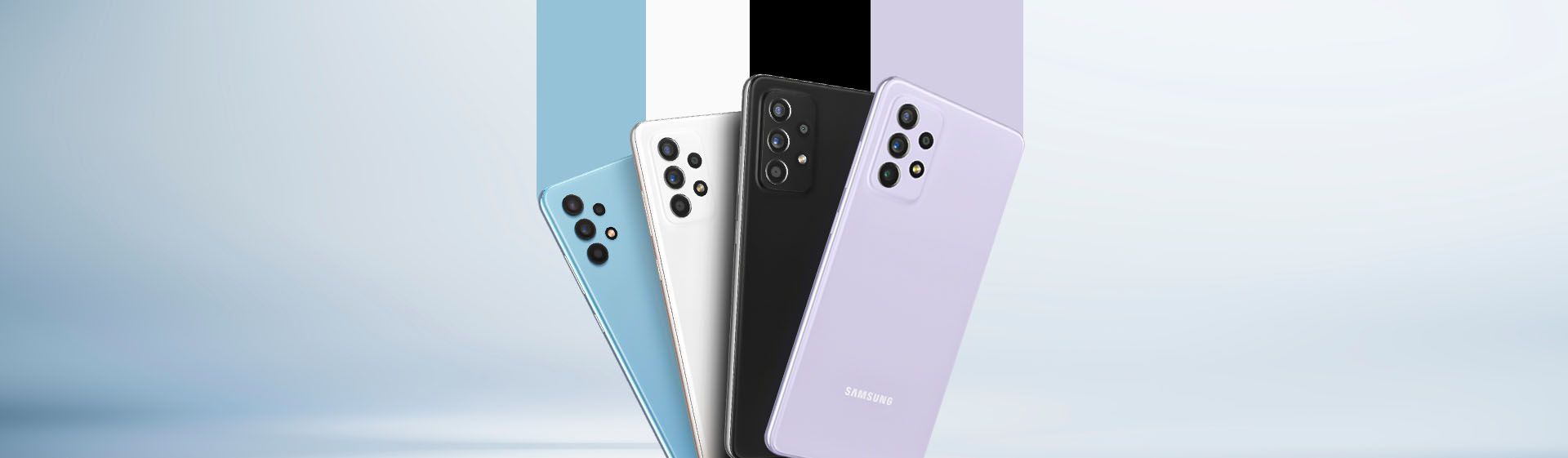 Quatro celulares Galaxy A de cores diferentes em fundo branco