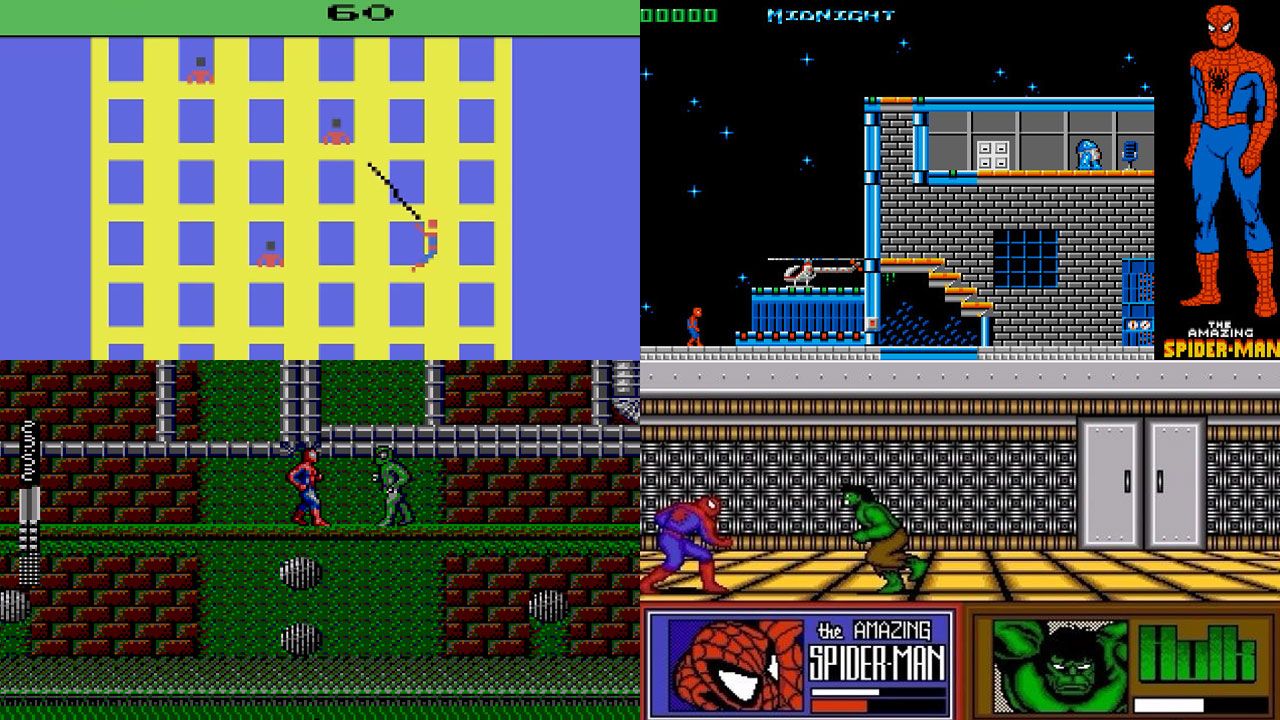Os jogos do Homem-Aranha passaram por vários obstáculos no passado, mas atualmente são alguns dos melhores jogos de ação (Reprodução: Old School Gamer Magazine, ClassicReload, GameFabrique e Alchetron)