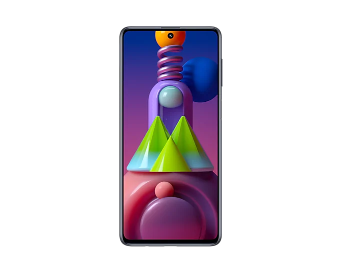 Galaxy M51, um celular da linha Samsung Galaxy M, de frente com a tela acessa, em um fundo branco
