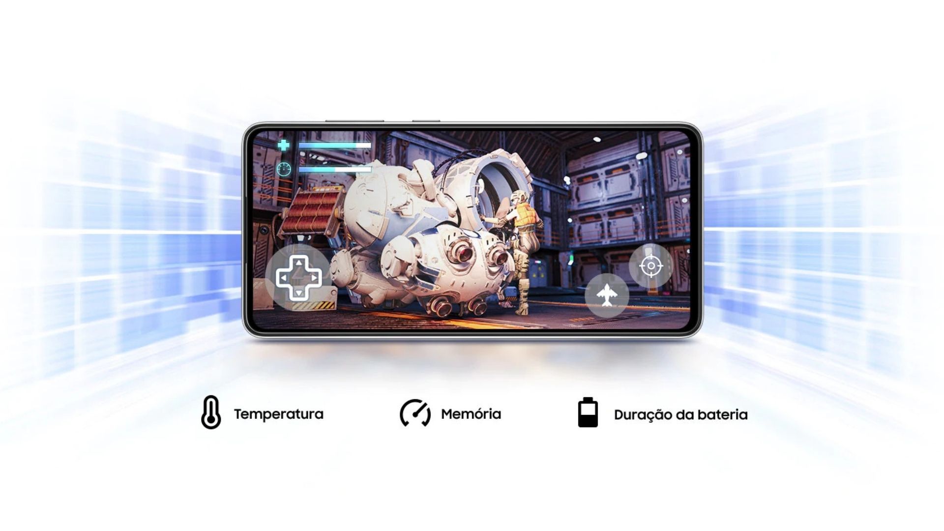 Parte frontal do A72 exibindo um jogo e um infográfico destacando temperatura, memória e duração da bateria