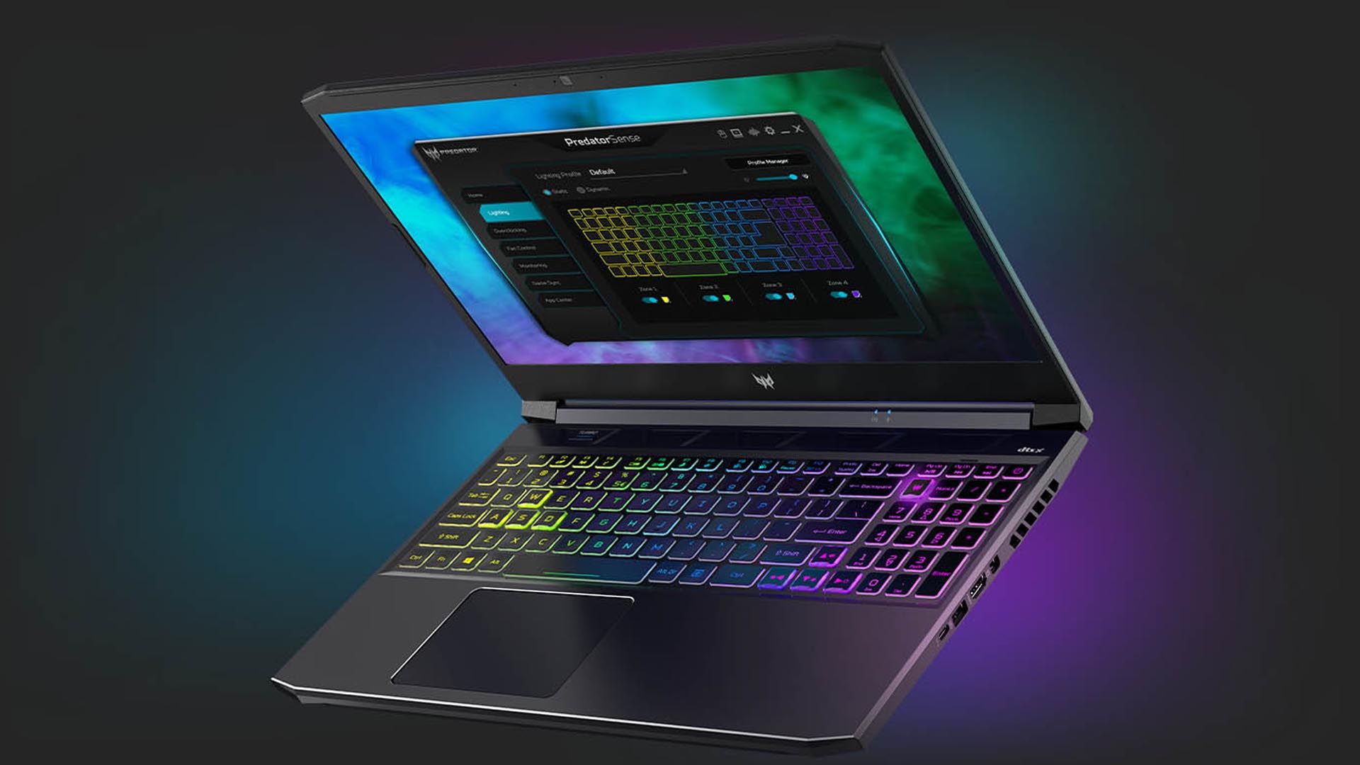 Acer Predator Helios 300 meio aberto com teclado com retroiluminação