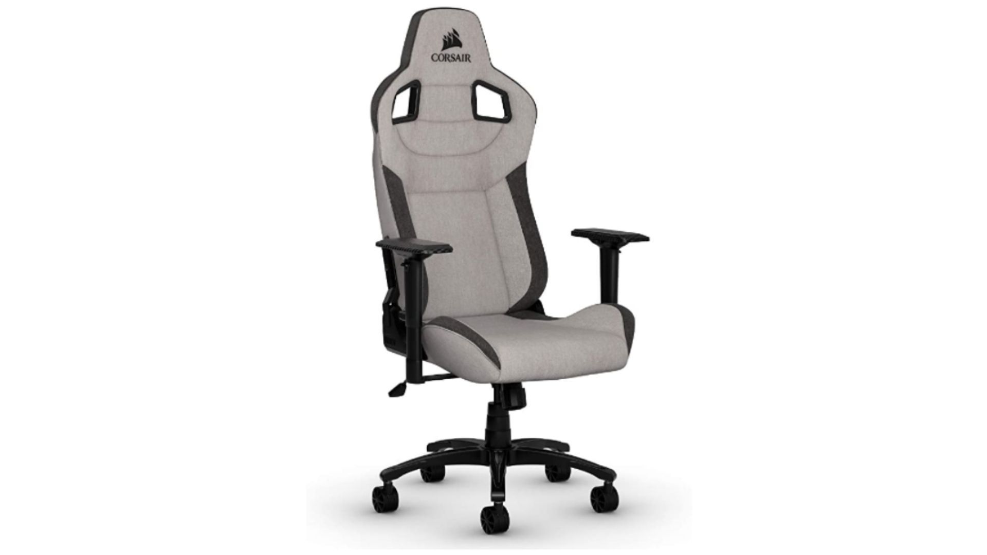 Cadeira gamer de tecido Corsair T3 Rush de frente, com ângulo pegando um pouco de sua lateral, em fundo branco.