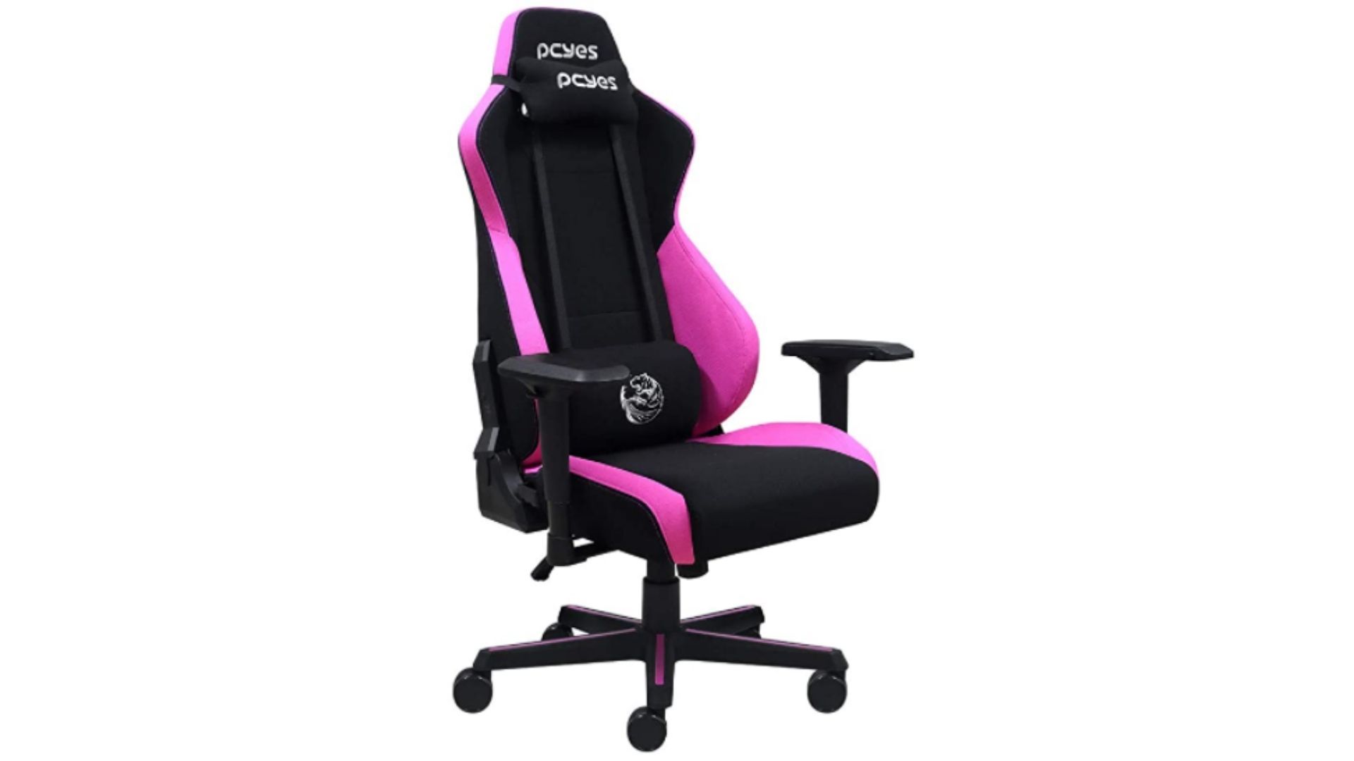Cadeira gamer de tecido Pcyes Mad Racer V8 Turbo com detalhes em rosa em um fundo branco.