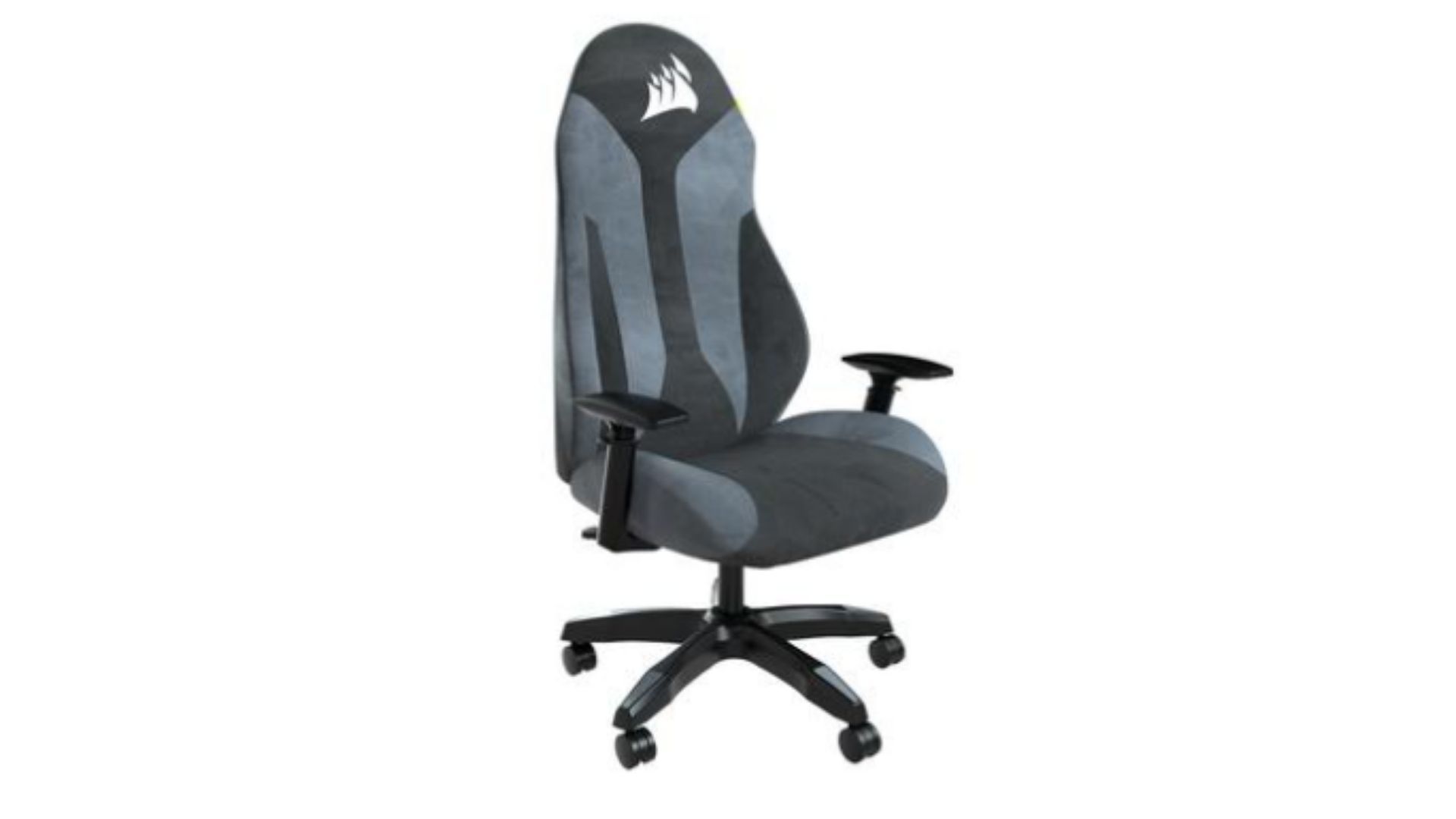 Cadeira gamer de tecido Corsair TC60 Fabric com detalhes em cinza e preto em fundo branco.