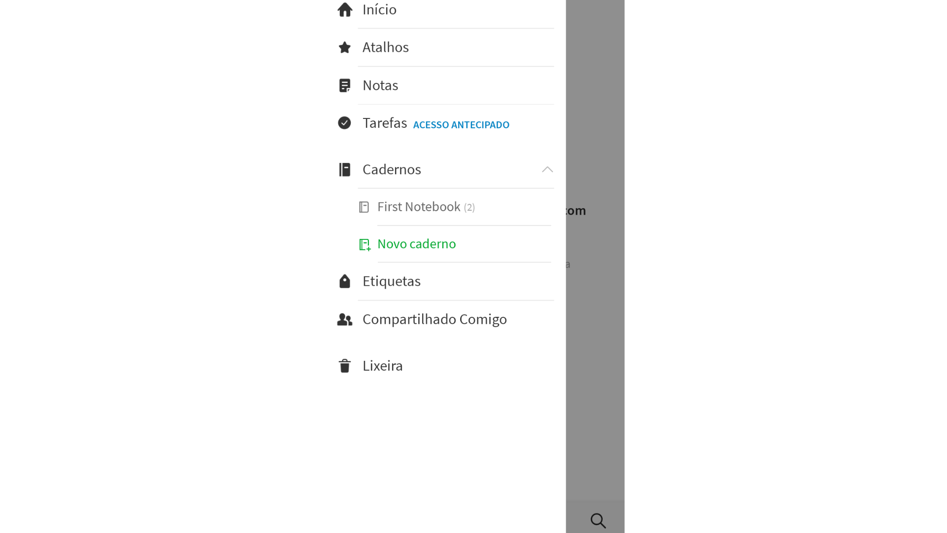 Menu lateral do aplicativo Evernote no celular