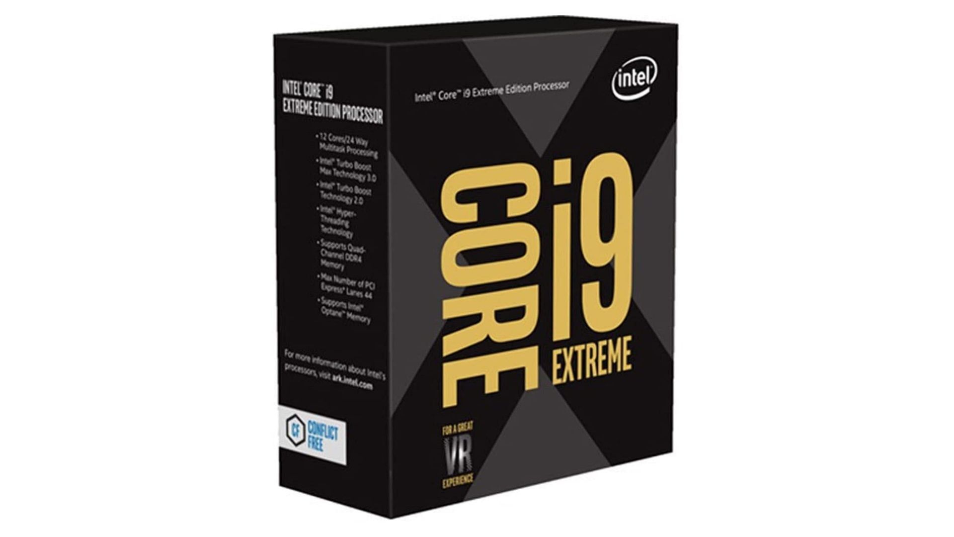 Caixa do processador Intel Core i9-10980XE Extreme Edition preta com detalhes em amarelo