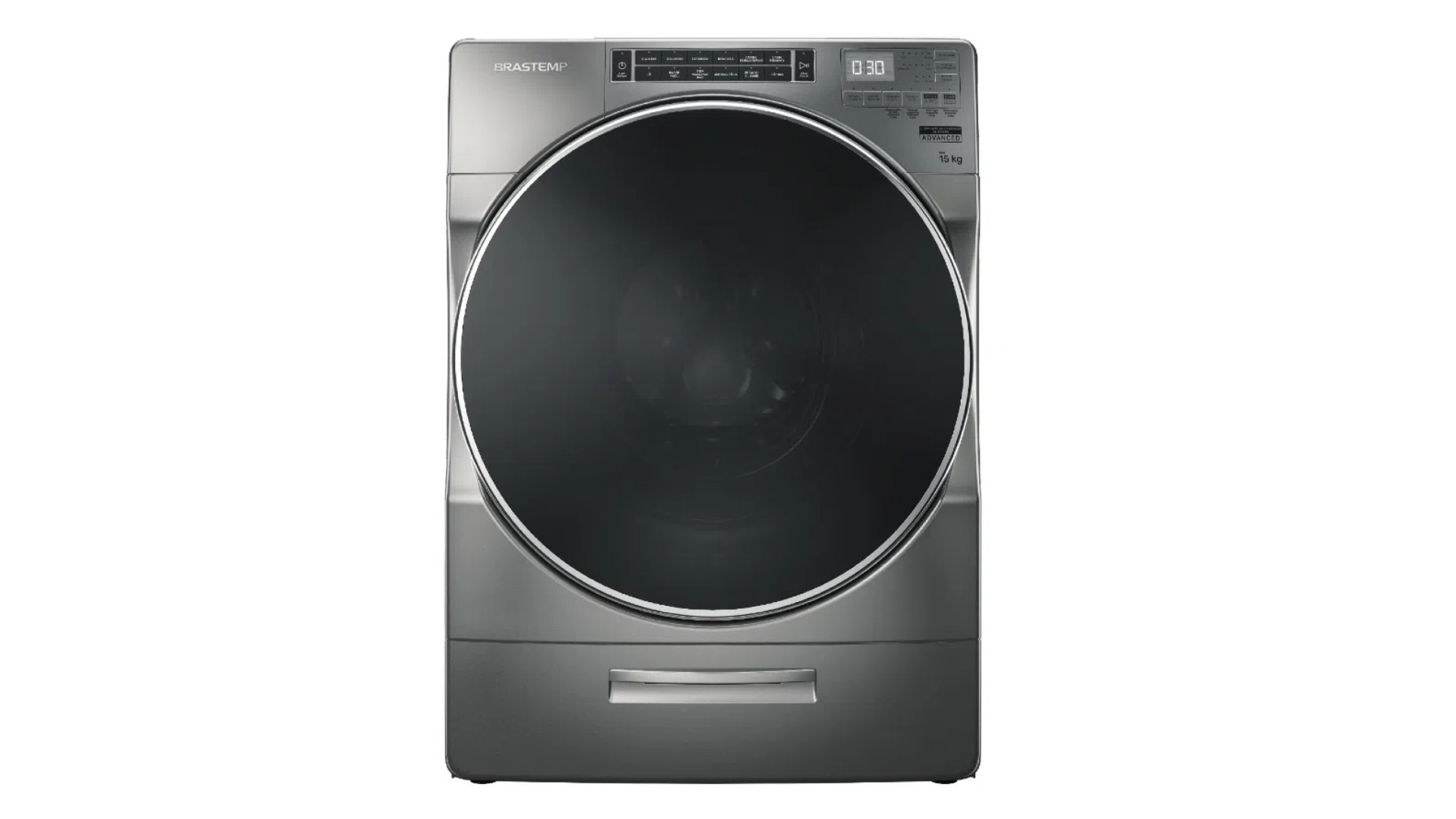 Frente da lavadora Brastemp Titanium em fundo branco.