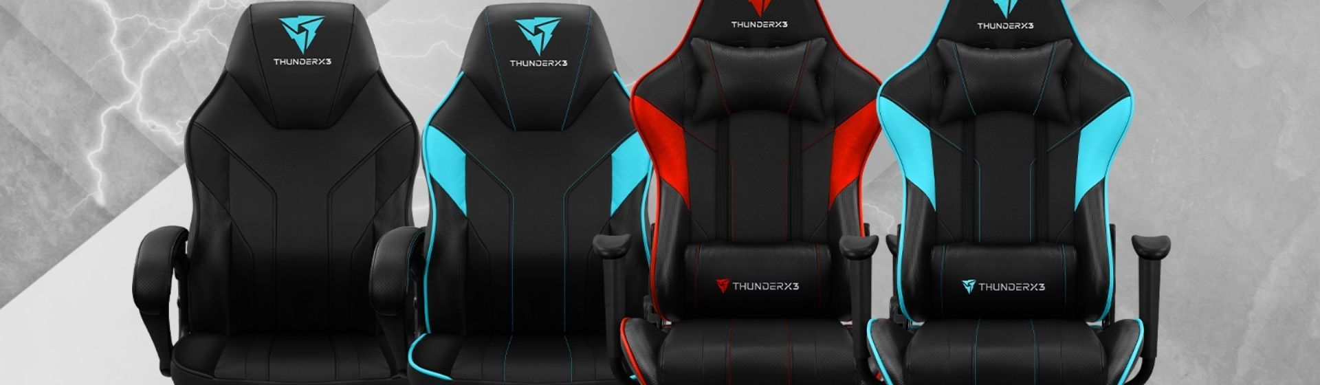 Quatro cadeiras gamer ThunderX3 em fundo branco e cinza
