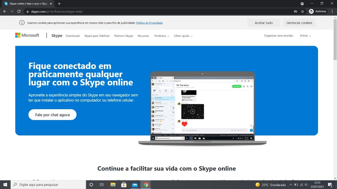 Página do Skype Web aberta no navegador do computador.