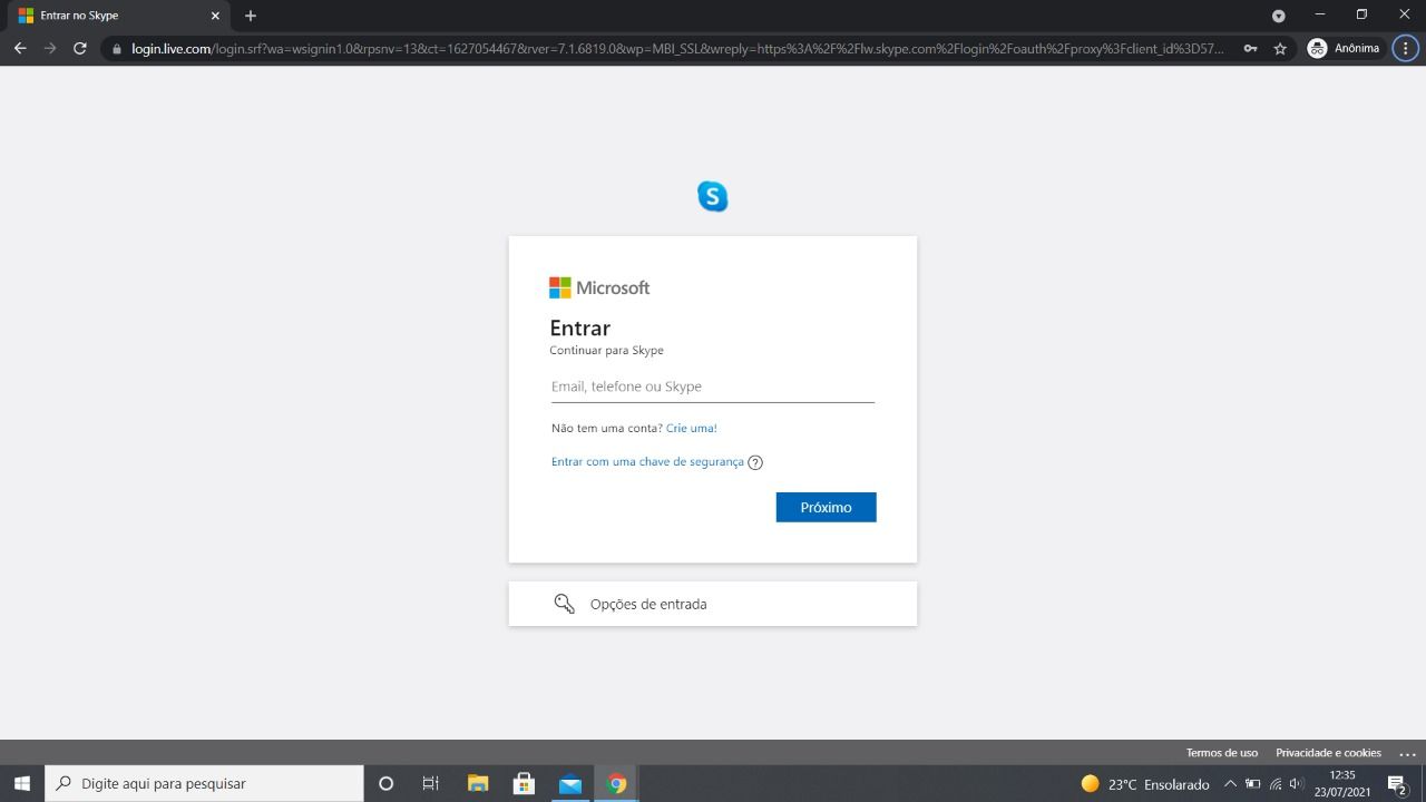 Página para realizar o login no Sype Web no navegador do computador.
