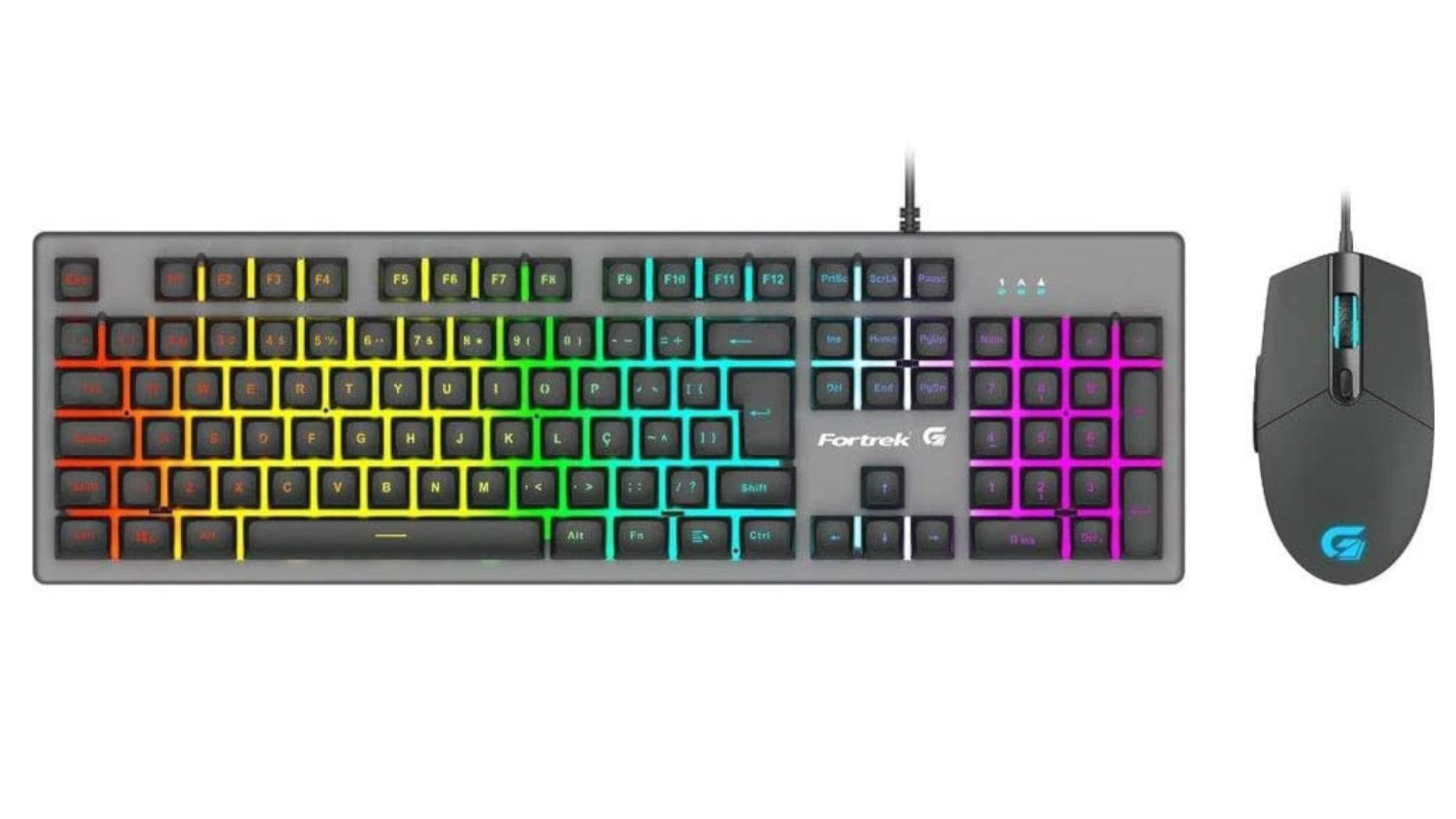 Kit teclado + mouse gamer RGB Rainbow Ranger Fortrek cinza, com retroiluminação em várias cores no teclado e detalhes em azul no mouse