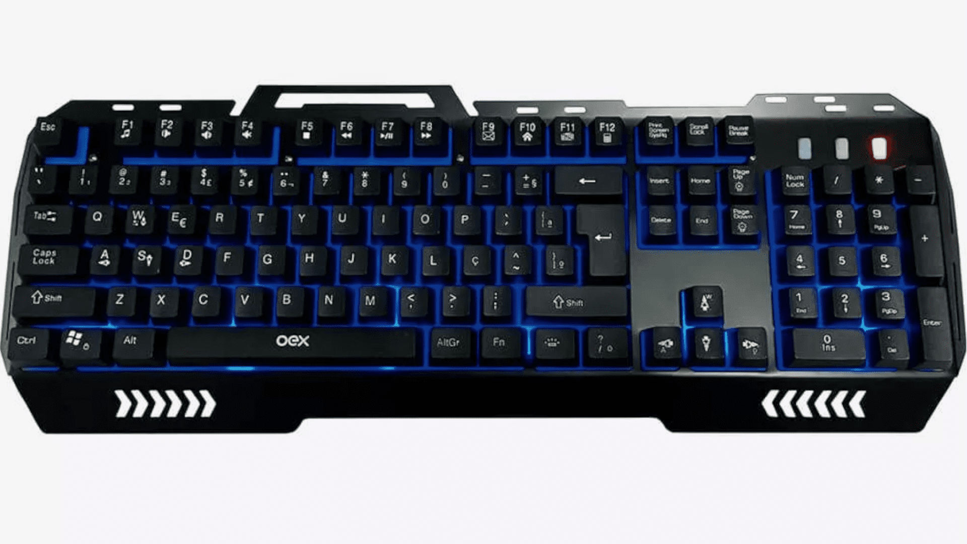 Teclado gamer barato OEX Gamer Fusion preto com retroiluminação azul