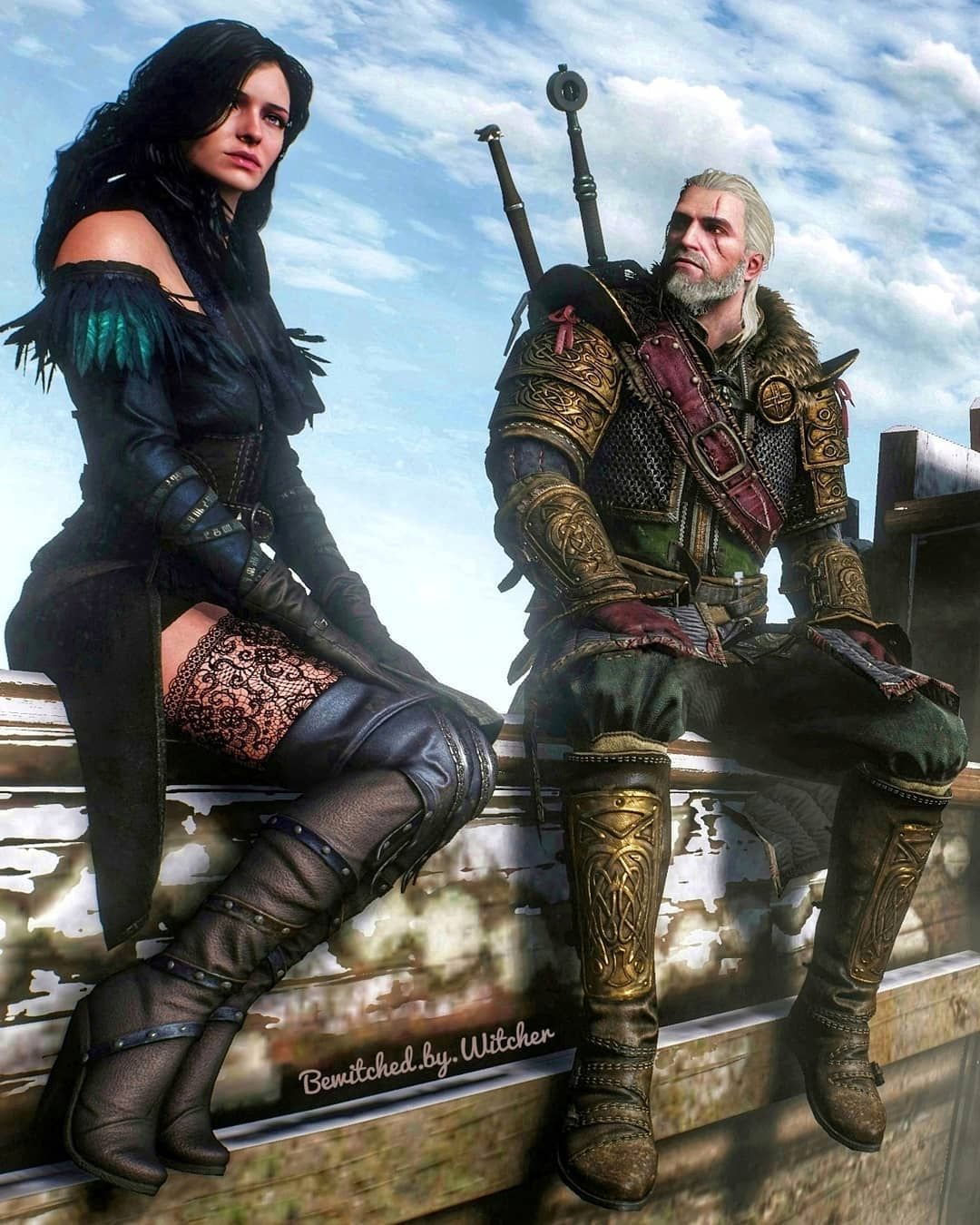 No game, Yennefer de Vengerbeg sentada ao lado de Geralt de Rivia