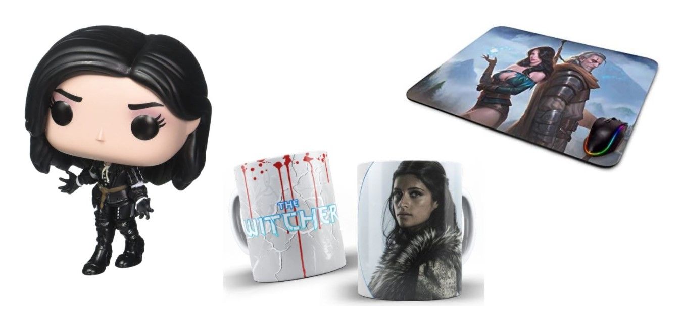 Produtos de Yennefer de Vengerberg em montagem: uma bonequinha Funko, duas canecas e um mouse pad