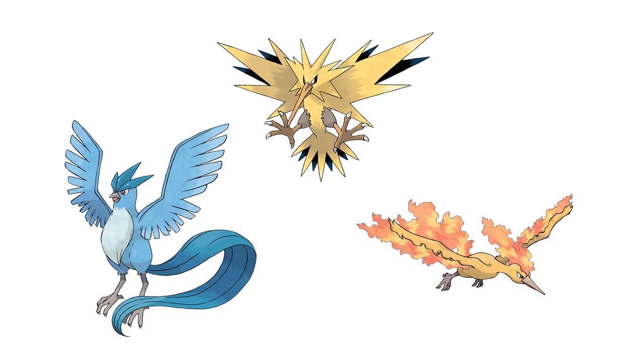 Articuno, Zapdos e Moltres no fundo branco