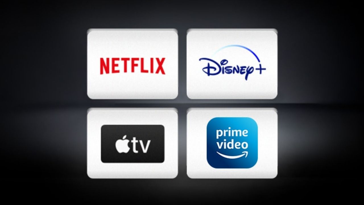 Ícone de 4 aplicativos dispostos em 2 colunas: uma com Netflix e Apple TV+ e outra com Disney+ e Prime Video.