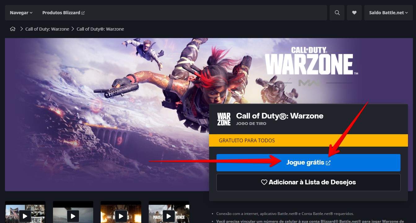 Site do Call of Duty Warzone com setas apontando para o botão "Jogue grátis"