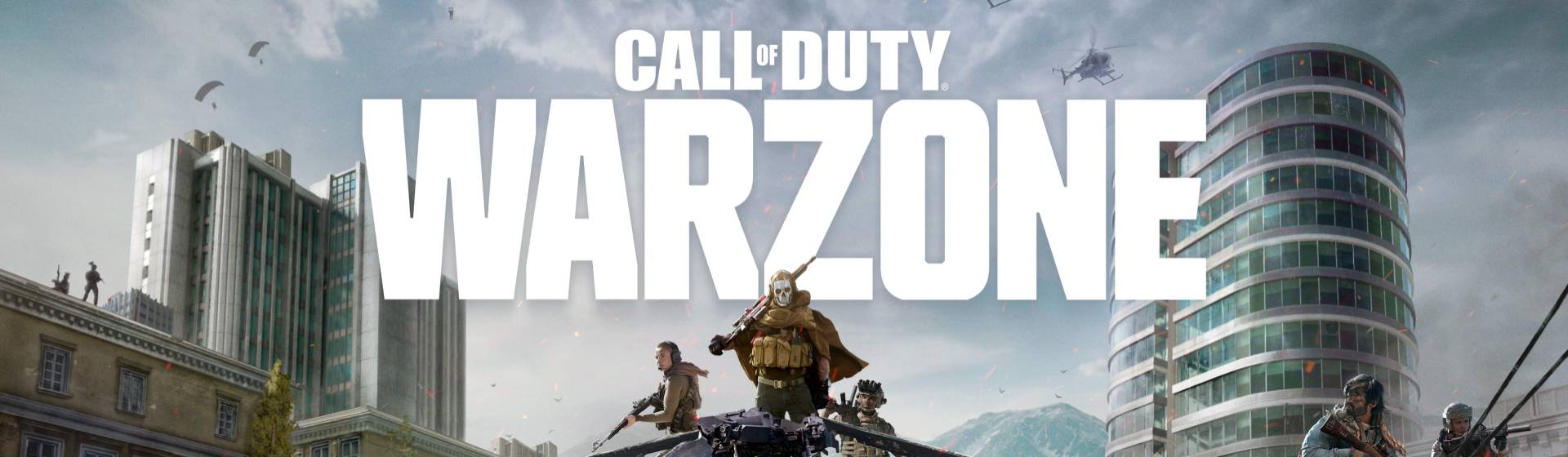 Ilustração promocional do jogo Call of Duty Warzone mostrando a logo do jogo e soldados armados