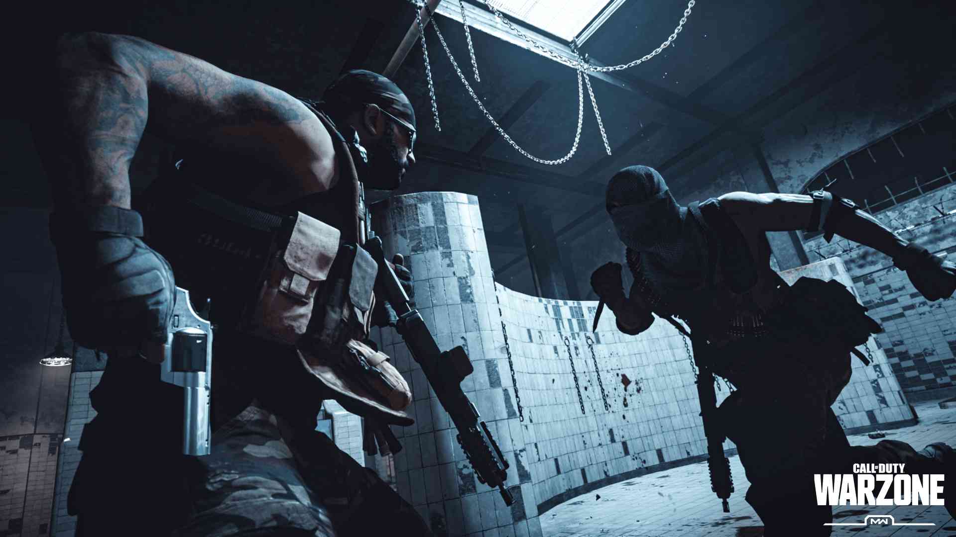 Ilustração promocional de Call of Duty Warzone mostrando dois soldados duelando na área chamada Gulag