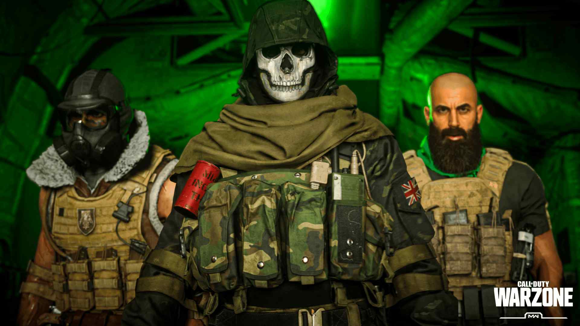 Ilustração promocional de Warzone mostrando três soldados equipados e dentro de um avião