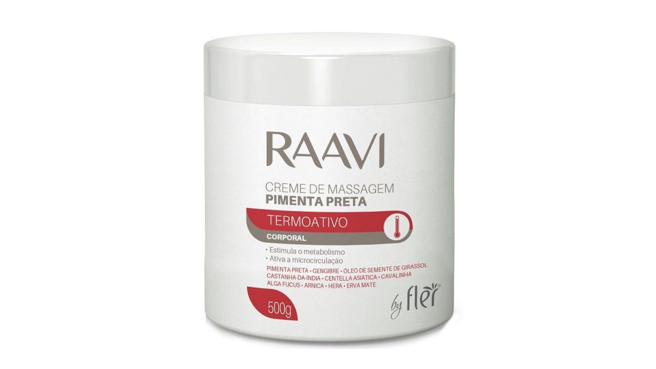 Creme para celulite Raavi Pimenta Preta em fundo branco.