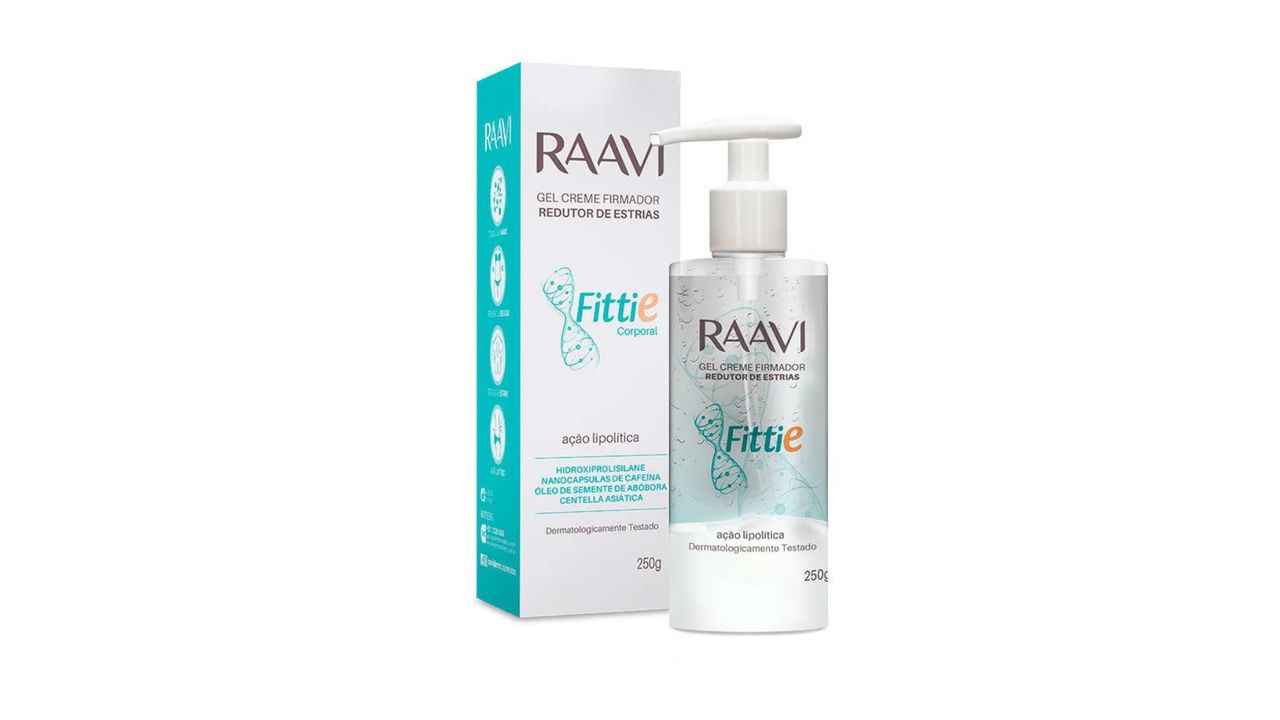 Creme para celulites Raavi Fittie ao lado de sua caixa, ambos em fundo branco.