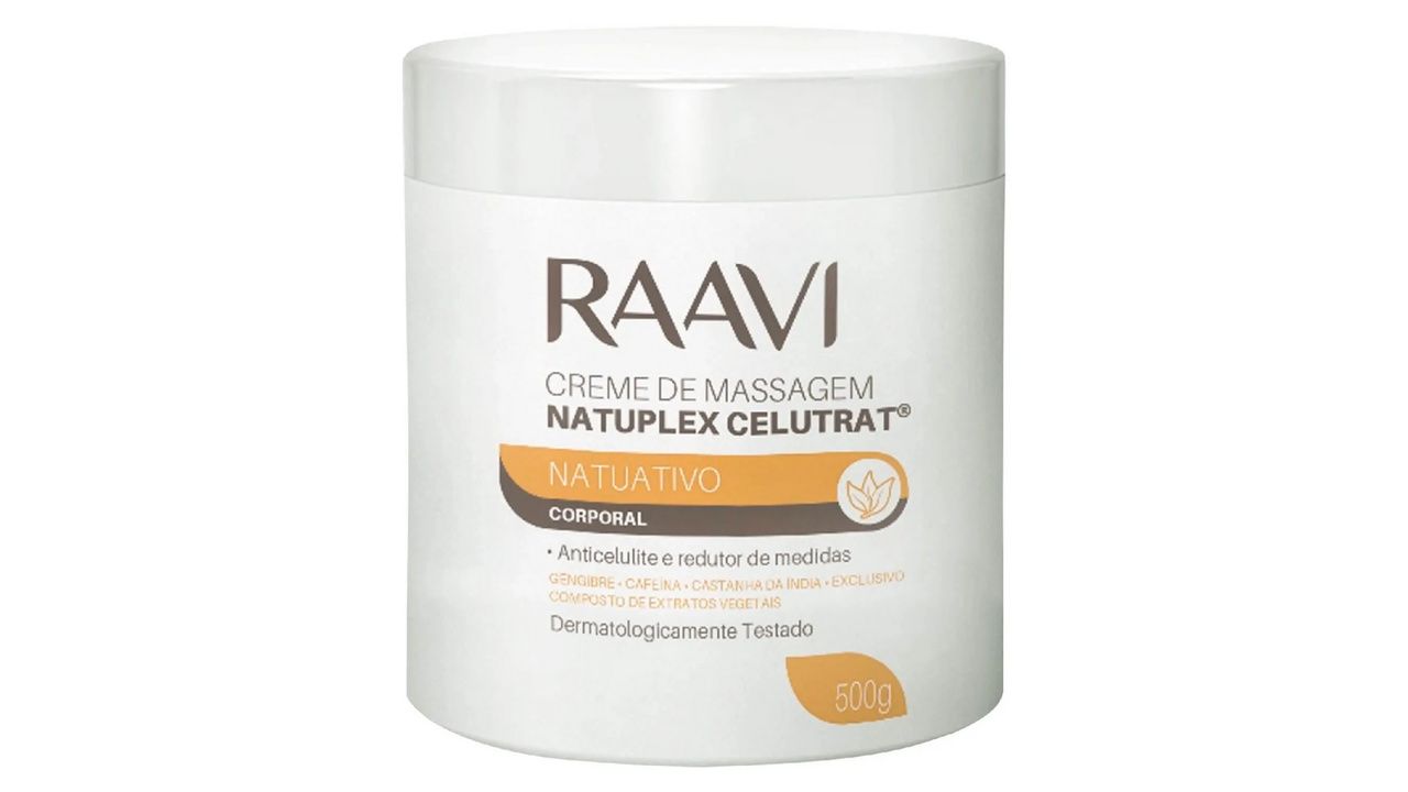 Creme para celulite Natuplex Ravi em fundo branco.