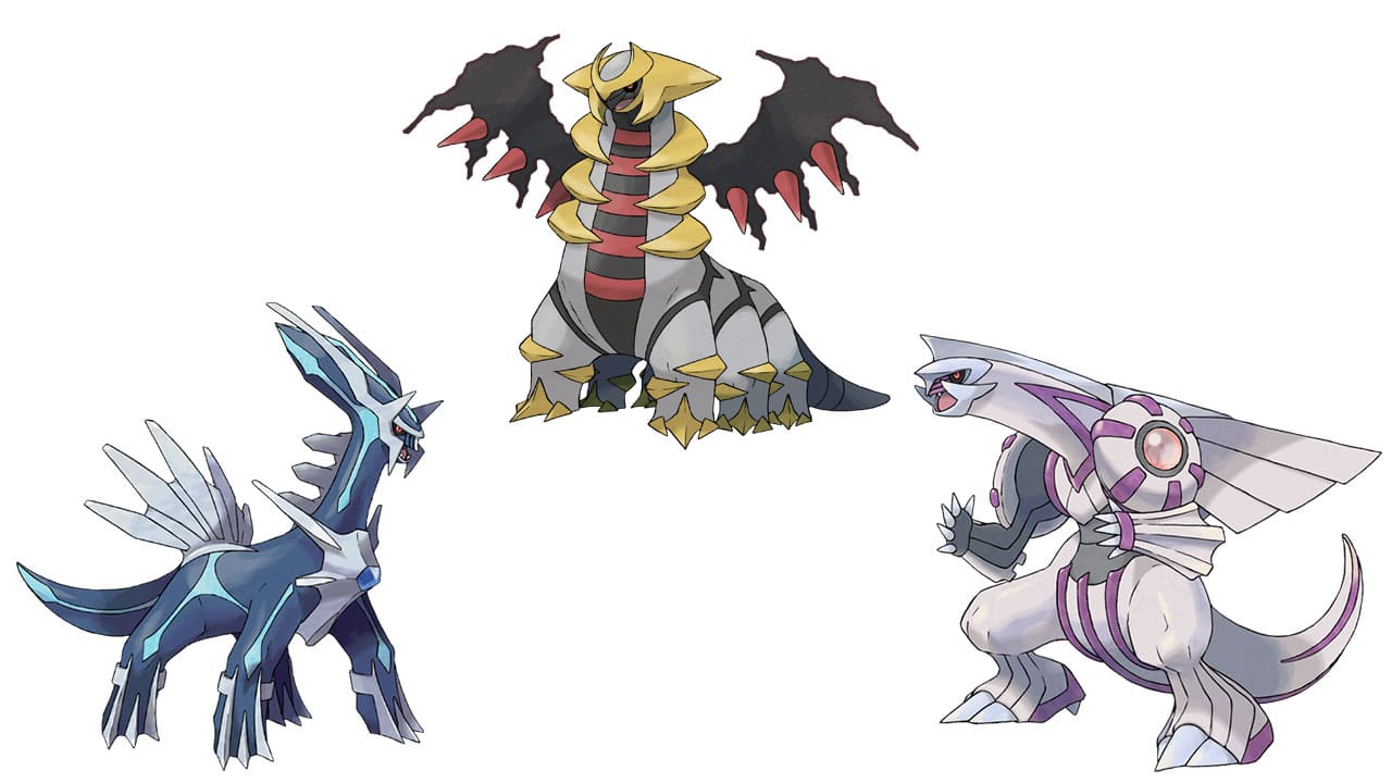 Dialga, Palkia e Giratina no fundo branco