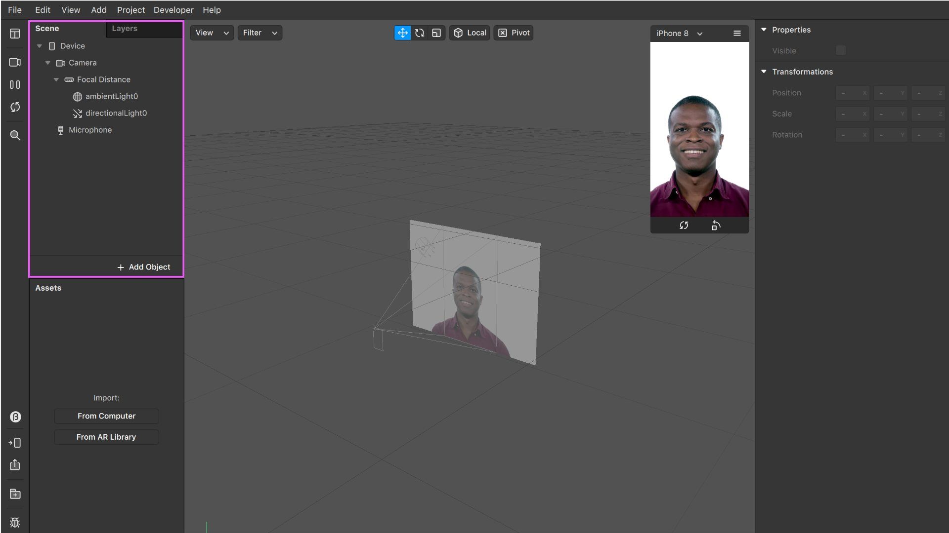 Tela de exemplo do software Spark AR Studio de criação de filtro do Instagram