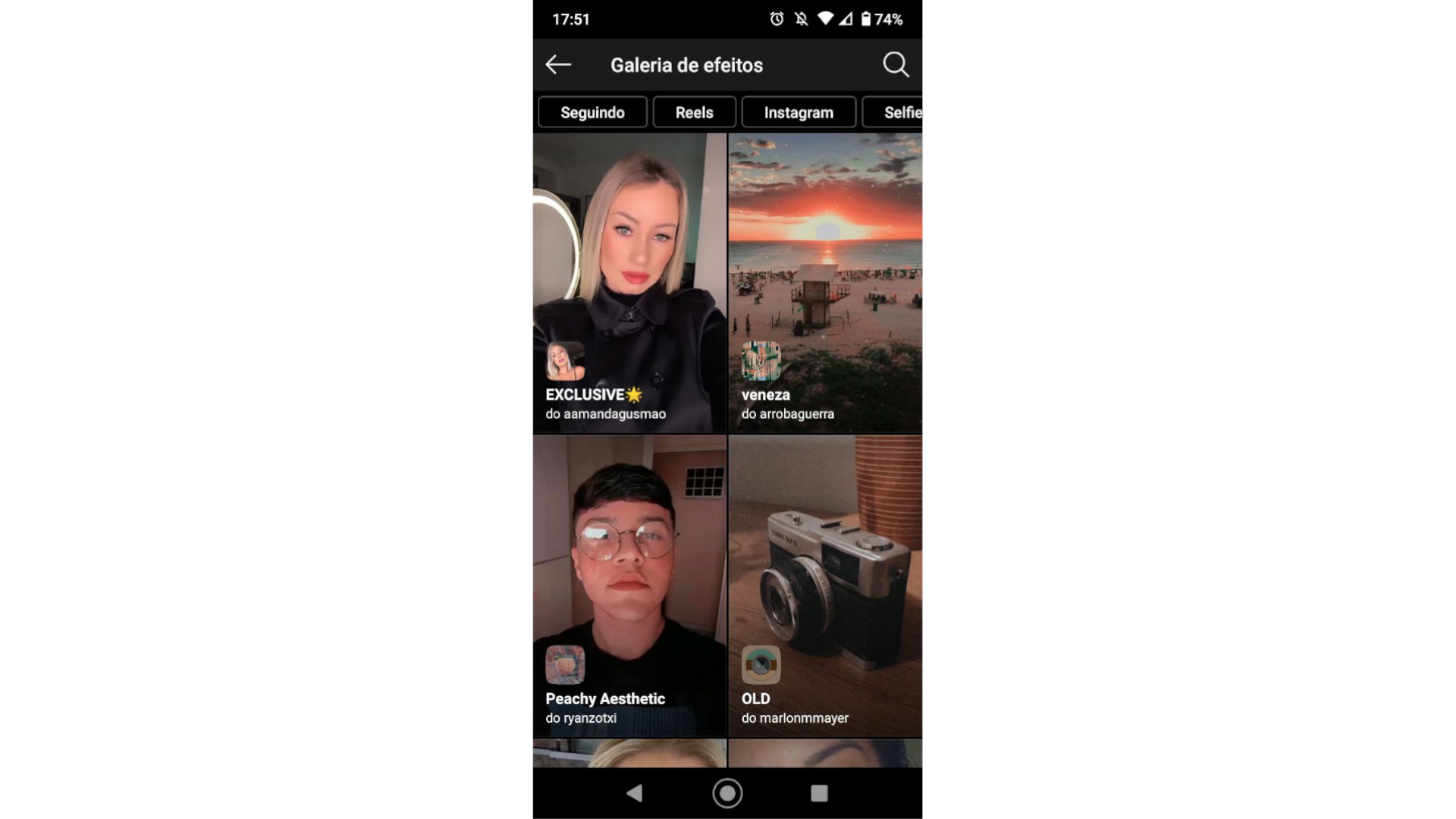 Reprodução de tela de celular do aplicativo Instagram na página de galeria de efeitos e filtros de Instagram