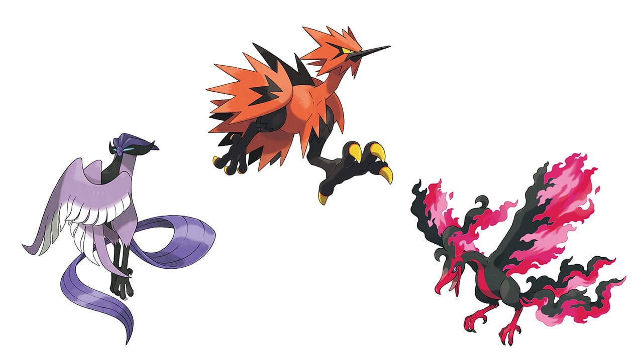 Galarian Articuno, Galarian Zapdos, Galarian Moltres no fundo branco