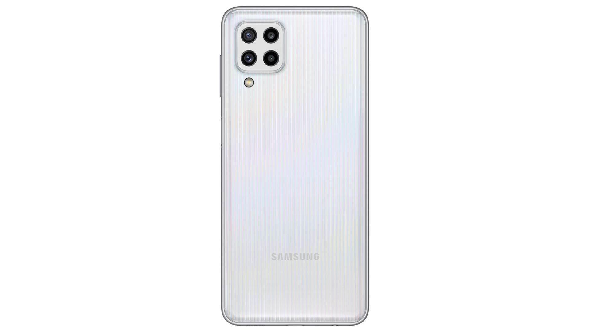 Celular Galaxy M32 na cor branca com traseira destacada em fundo branco