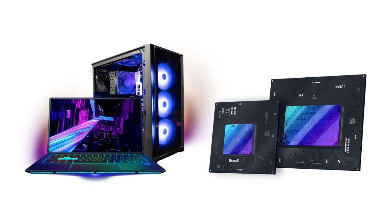Computador, CPU e placas de vídeo da Intel no fundo branco