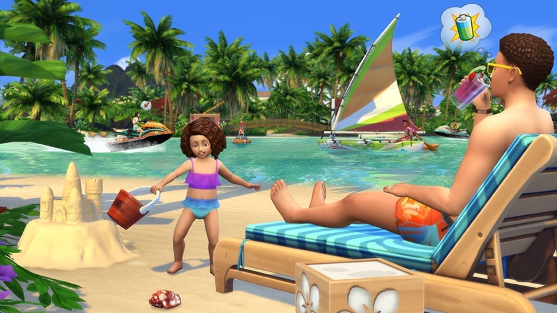 Criança brinca com castelo de areia no The Sims 4 enquanto adulto assiste