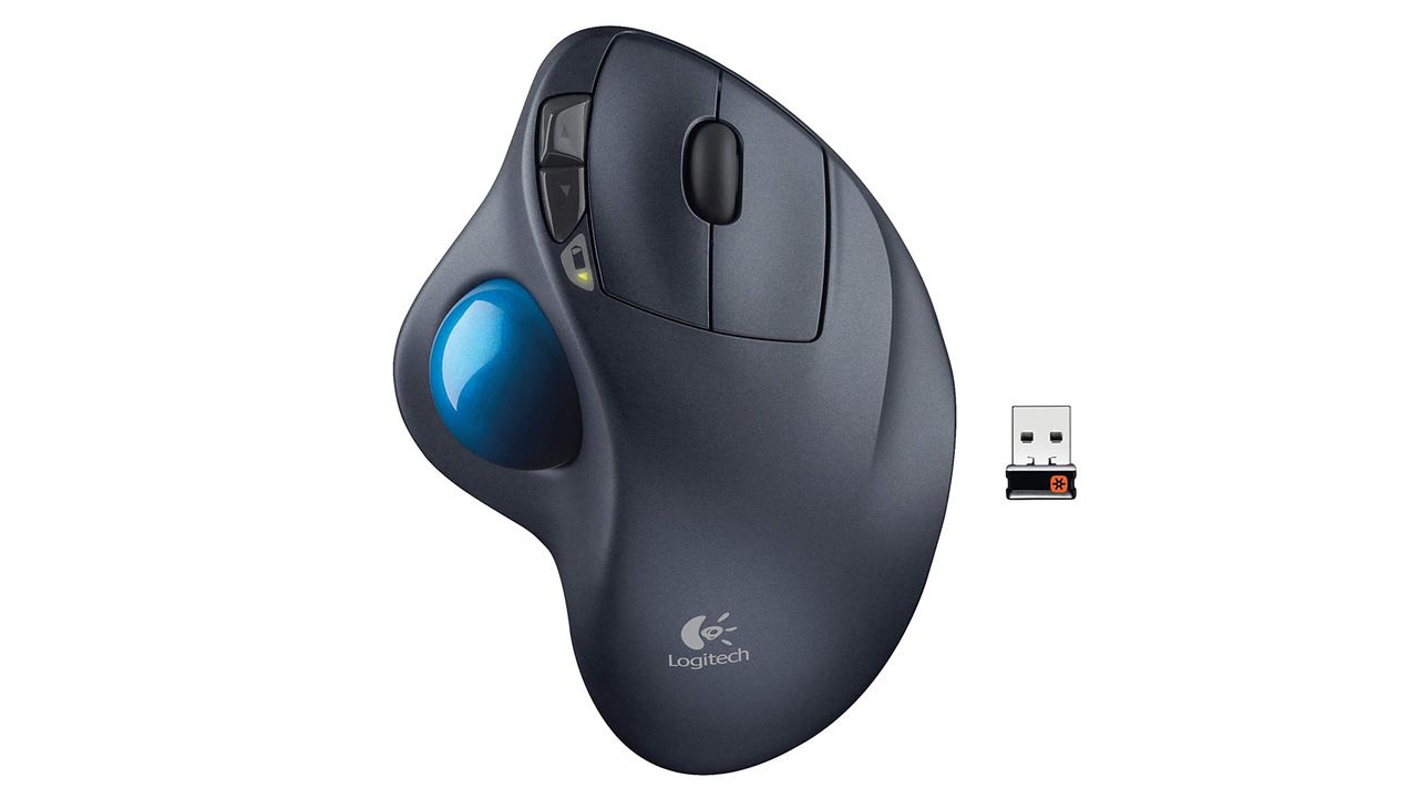 Mouse ergonômico Logitech sem fio cinza com trackball azul