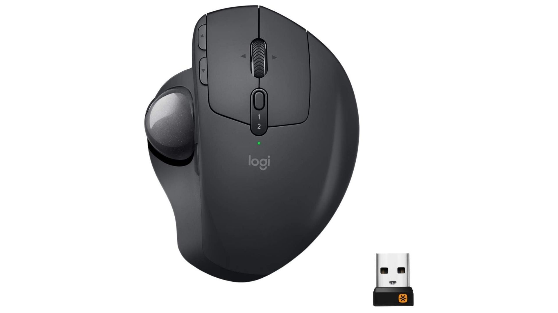 Mouse ergonômico Logitech MX ERGO cinza no fundo branco