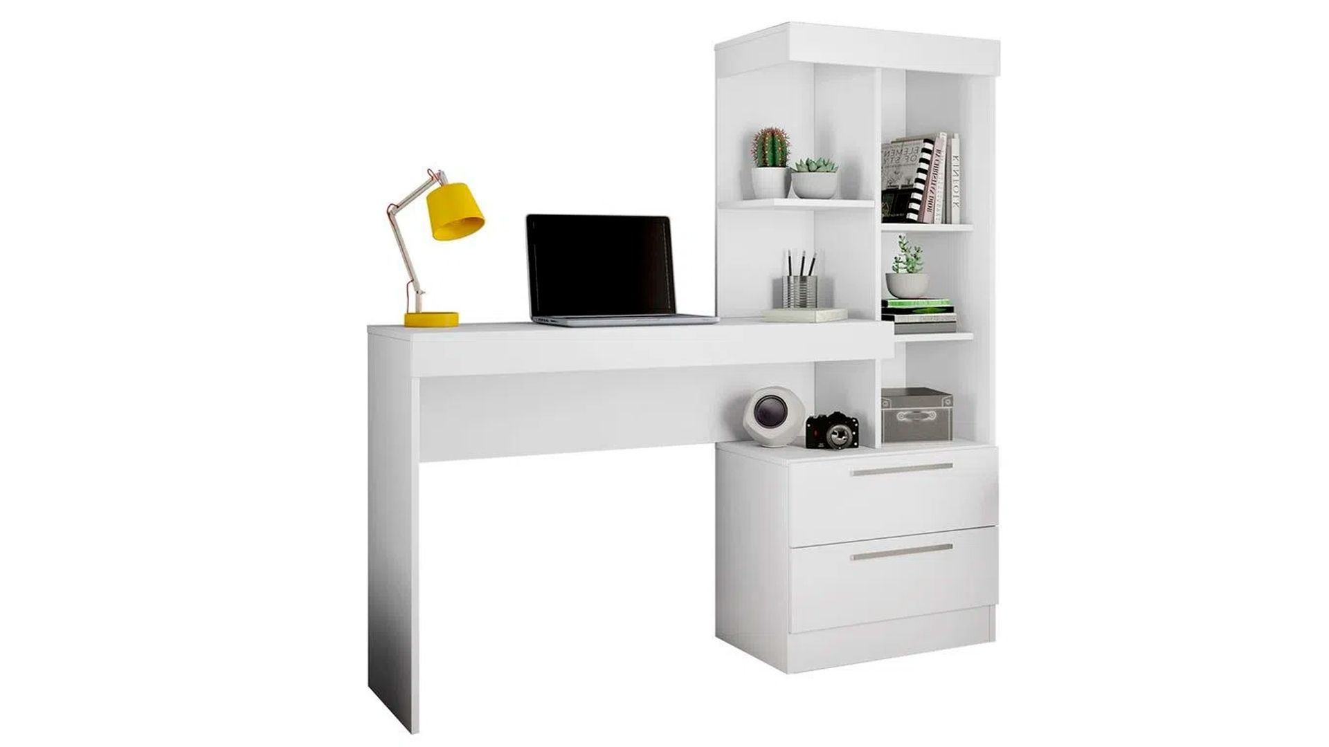 Mesa para computador Escrivaninha com Estante Office 2 Gavetas Branco / Branco / Rosa NT2010 em fundo branco