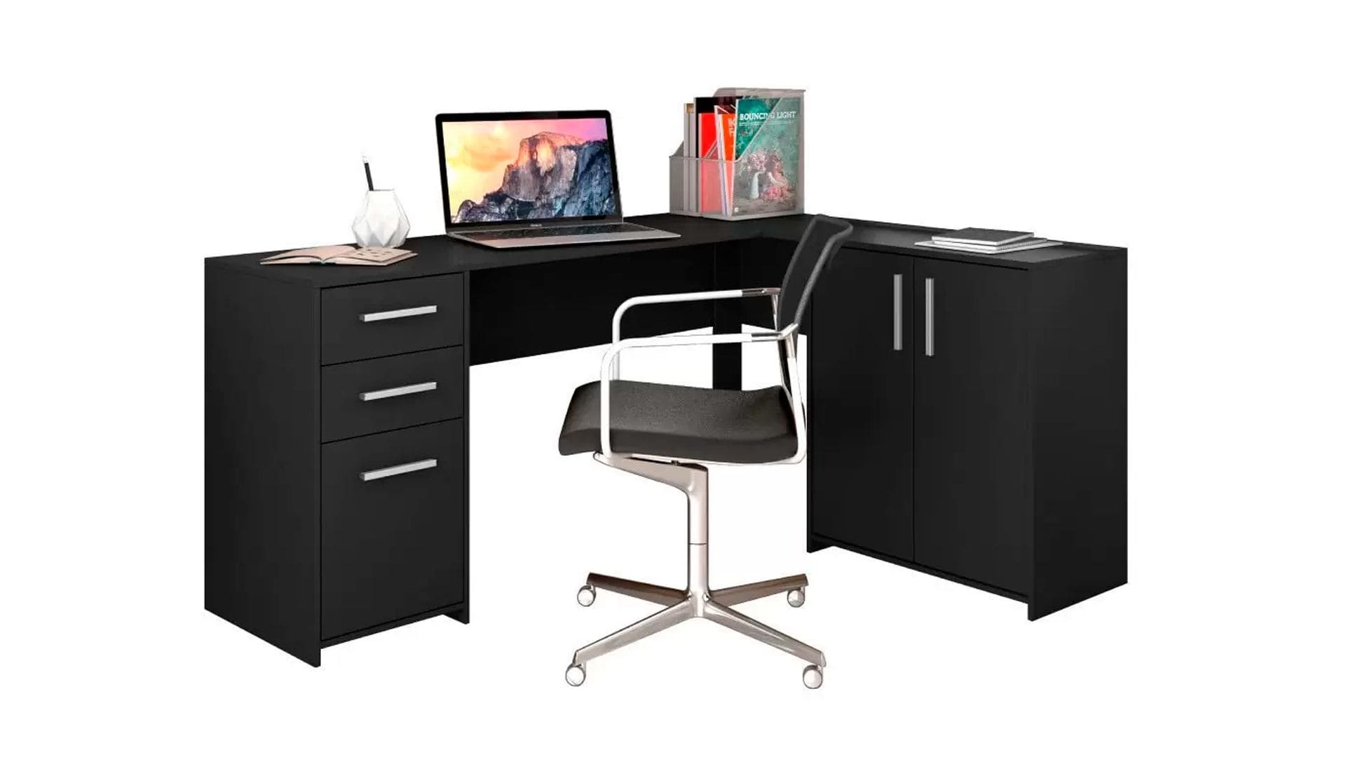 Mesa para computador em L 2 Gavetas Office Notável Preto em fundo branco
